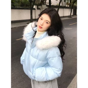 冬季新款ins百搭宽松潮流保暖面包服女美式复古毛领蓝色棉服外套图片