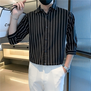 条纹七分袖衬衣新品轻熟风男装韩版修身高级感衬衫男士C156-3-4-5图片