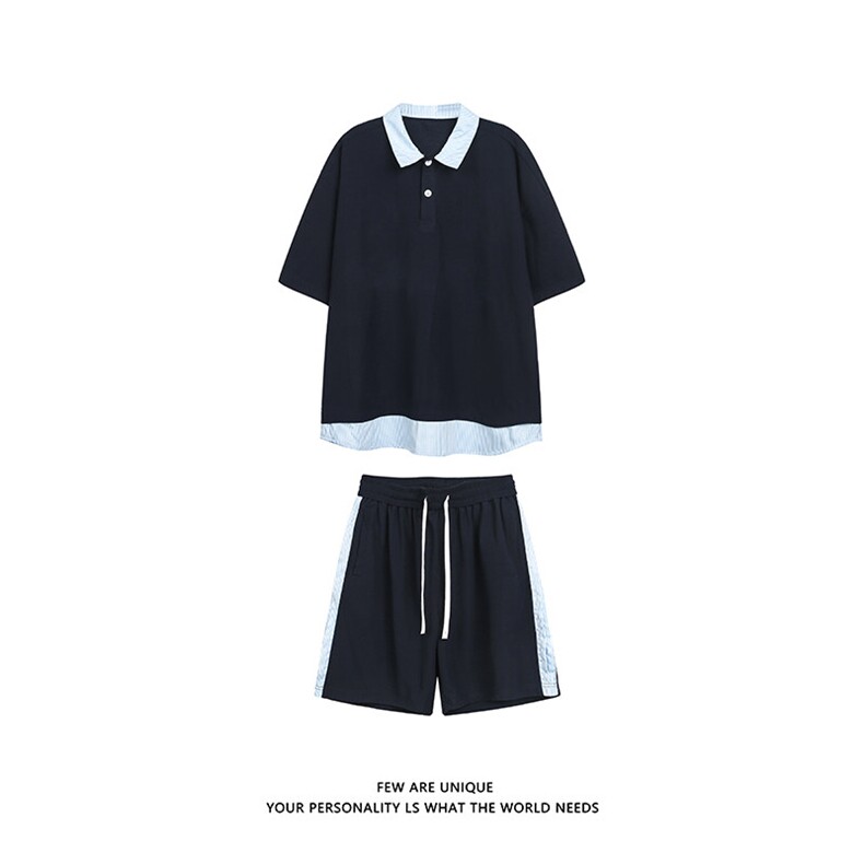 抖音品质夏季新款假两件短袖POLO衫潮牌休闲套装男-A2119TP50控78,男装T恤,电商B241