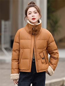 时尚羊羔毛翻领PU皮短款羽绒服女2025冬季新款宽松保暖白鸭绒外套图片
