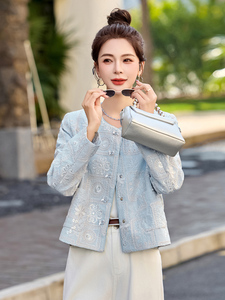新中式刺绣亮片小香风短外套女2025春季新款小个子超好看圆领上衣图片
