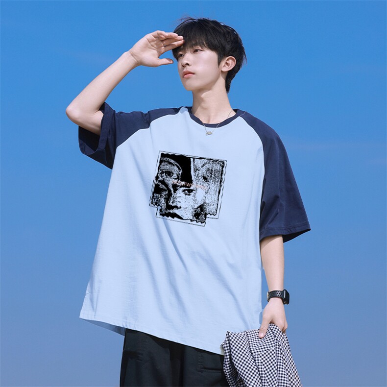 抖音得物高品质二开240克宽松纯棉美式潮牌插肩袖拼接短袖T恤,男装T恤,电商A486
