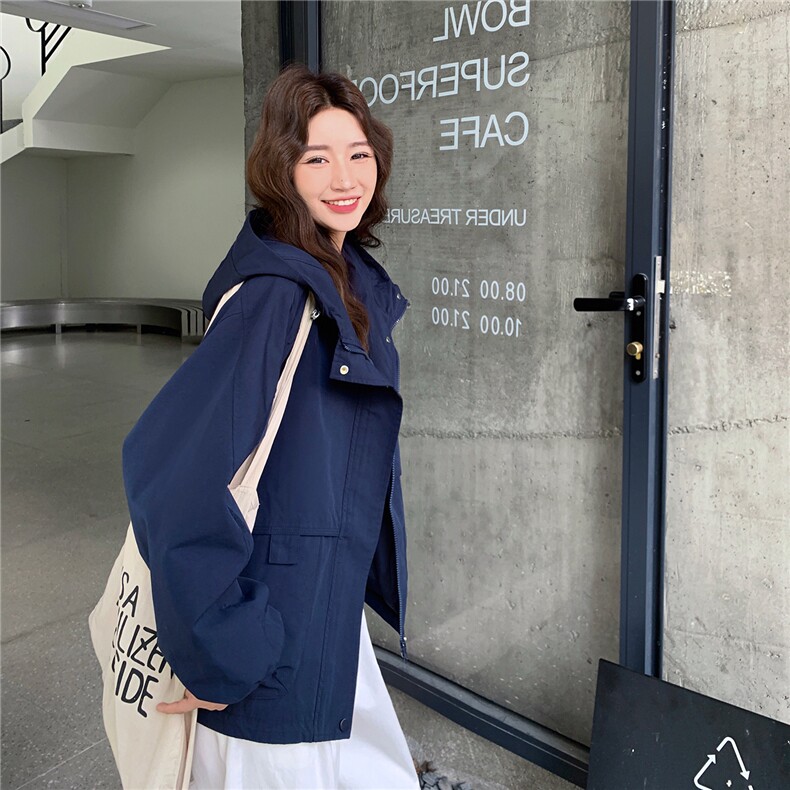 高级小众韩系慵懒chic蓝色连帽工装外套女春秋超火好看短夹克上衣,女装短外套,2C306