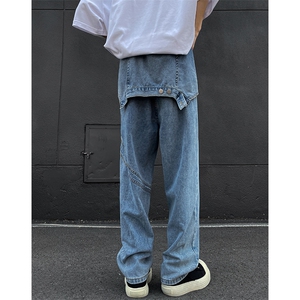 8XL-M 特大码假两件牛仔裤男美式高街直通设计感背带裤子K975P68图片