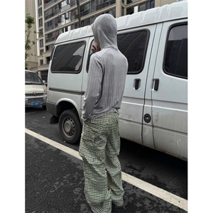 绿色格纹高级街头复古口袋长裤工装休闲裤男女款Q9033图片