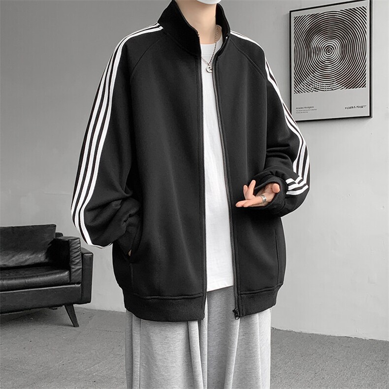 8XL-M三条杠运动卫衣特大码美式条纹立领夹克开衫外套JK5205/P65图片