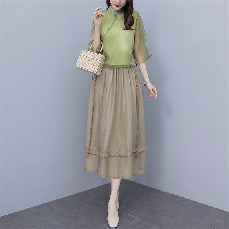 芷墨超仙小洋装新中式俩件套套装茶服改良汉服上衣半身裙俩件套女,女装套装/套裙,芷墨服饰