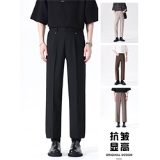 潮牌美式cleanfit直筒褶皱西裤男复古街头宽松休闲裤垂感九分裤，男装西裤，星座410-7