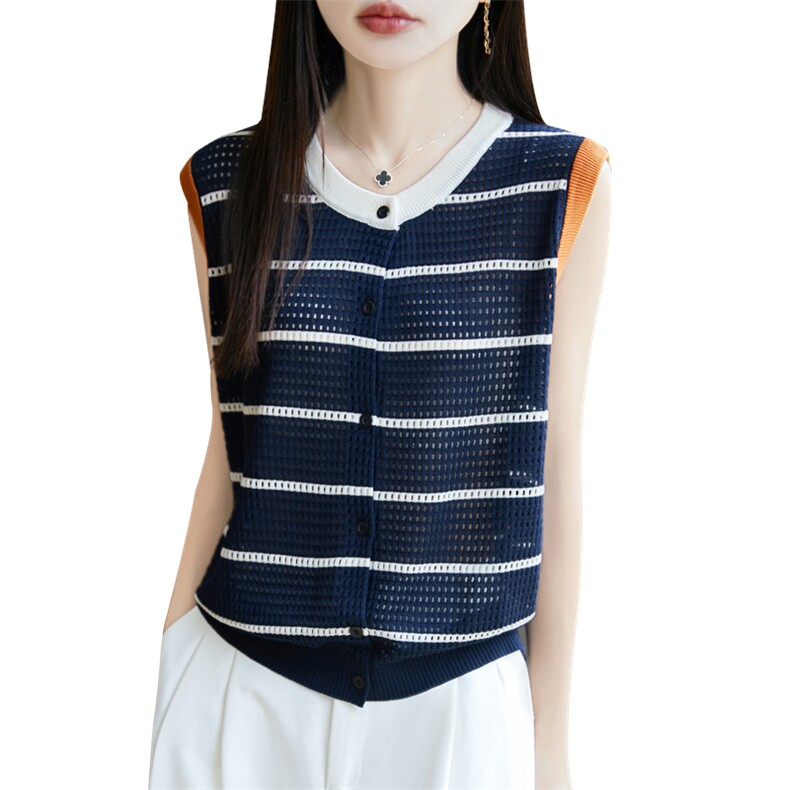 夏季新款莱赛尔天丝镂空撞色无袖开衫女宽松百搭显瘦时尚休闲上衣,针织衫/毛衣,九嘉羊绒