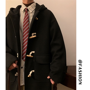 潮流牛角扣羊羔绒毛呢连帽大衣男加厚保暖大码外套J557-P125控158图片