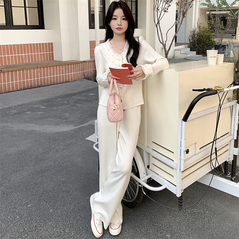 2024春季新款荷叶边针织开衫女春秋法式温柔气质针织两件套,女装套装/套裙,浙宝042
