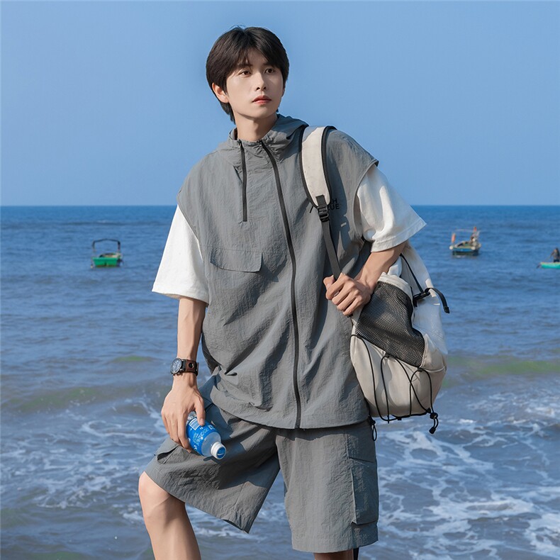 港风24夏款时尚无袖连帽拉链套装TZ614801P70控98,男装休闲套装,电商A268A