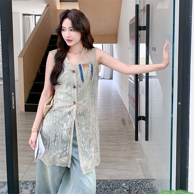 又a又飒蕾丝马甲七分牛仔阔腿裤套装女2025夏季新款小个子两件套,女装套装/套裙,浙宝305