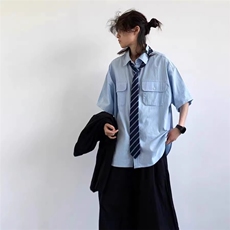日系复古中性学院风短袖衬衫男女生夏季宽松休闲学生蓝色工装衬衣，男装T恤，星座1210-1