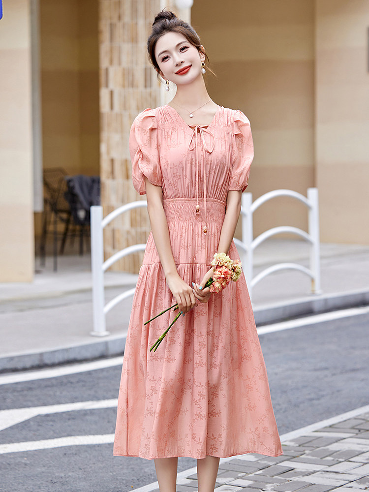 法式泡泡袖粉色印花连衣裙女2025夏季新款甜美气质收腰超好看长裙,女装连衣裙,美静678