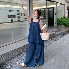 慵懒风宽松吊带上衣拖地阔腿裤套装女2025夏季新款简约休闲两件套，女装套装/套裙，浙宝305