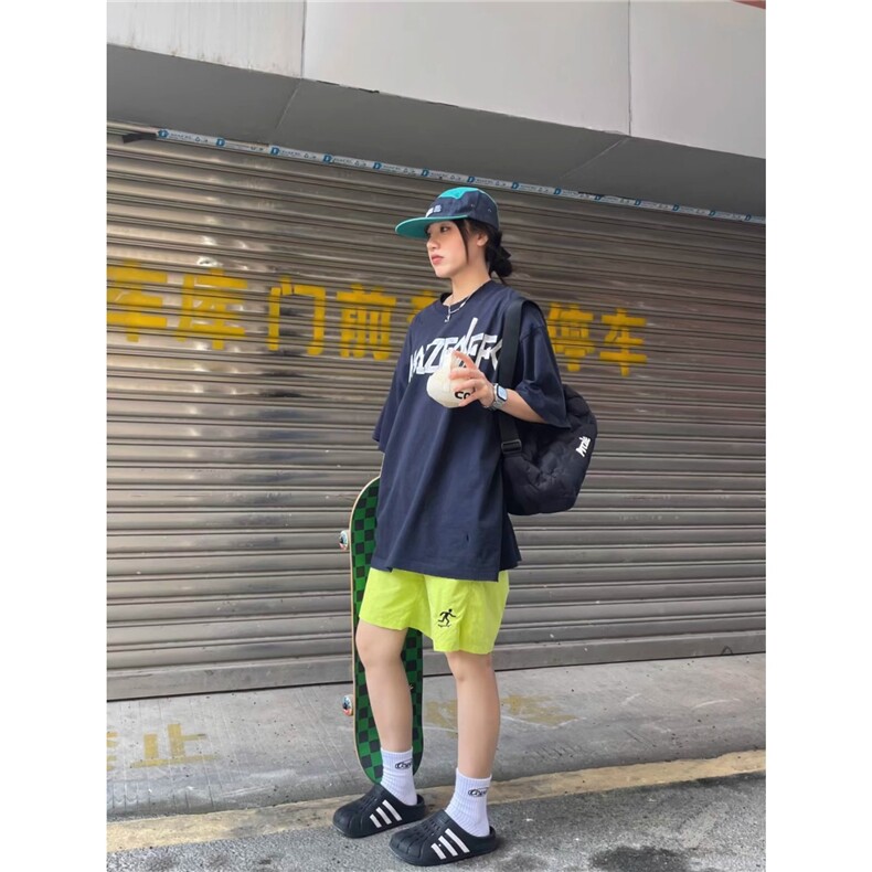 美式荧光绿速干不过膝休闲短裤男女ins潮牌嘻哈薄款宽松运动五分,男装牛仔裤,星座506A