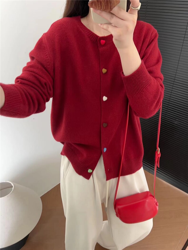 时尚百搭爱心扣羊毛针织开衫女宽松显瘦休闲简约外套,女装羊毛衫,暖烁羊绒