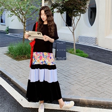 【新款】黑色花边袖拼接T恤连衣裙2C158-8688-P125-K178，女装连衣裙，2C158