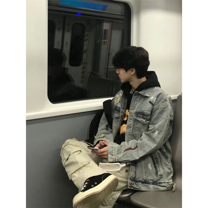 【有货】美式复古泼墨涂鸦破洞牛仔外套男款工装夹克J61LL-特P72图片
