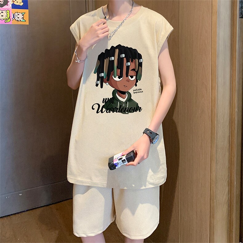 直播品质美式宽松纯棉背心无袖t恤短裤大码两件套套装TZ55-P58,男装T恤,电商A486