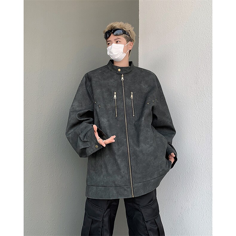 2024秋冬新款洗旧pu皮夹克痞帅街头潮牌立领棕色外套W8276-P92,男装夹克,星座512-4