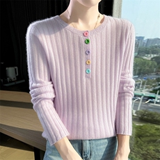 2025舒适百搭简约秋冬彩扣领子长袖羊绒衫，女装羊绒衫，更慕羊绒