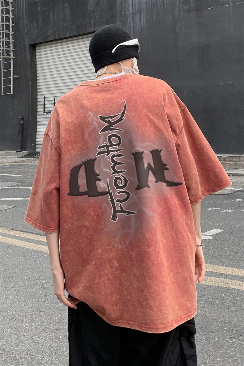 B239-1090-P38闪电字母印花复古水洗做旧重磅落肩袖短袖T恤,男装T恤,星座514-2(原B239)