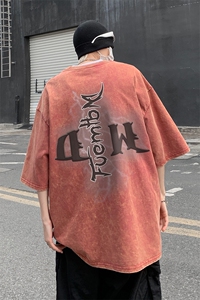 B239-1090-P38 闪电字母印花 复古水洗做旧 重磅落肩袖 短袖T恤图片