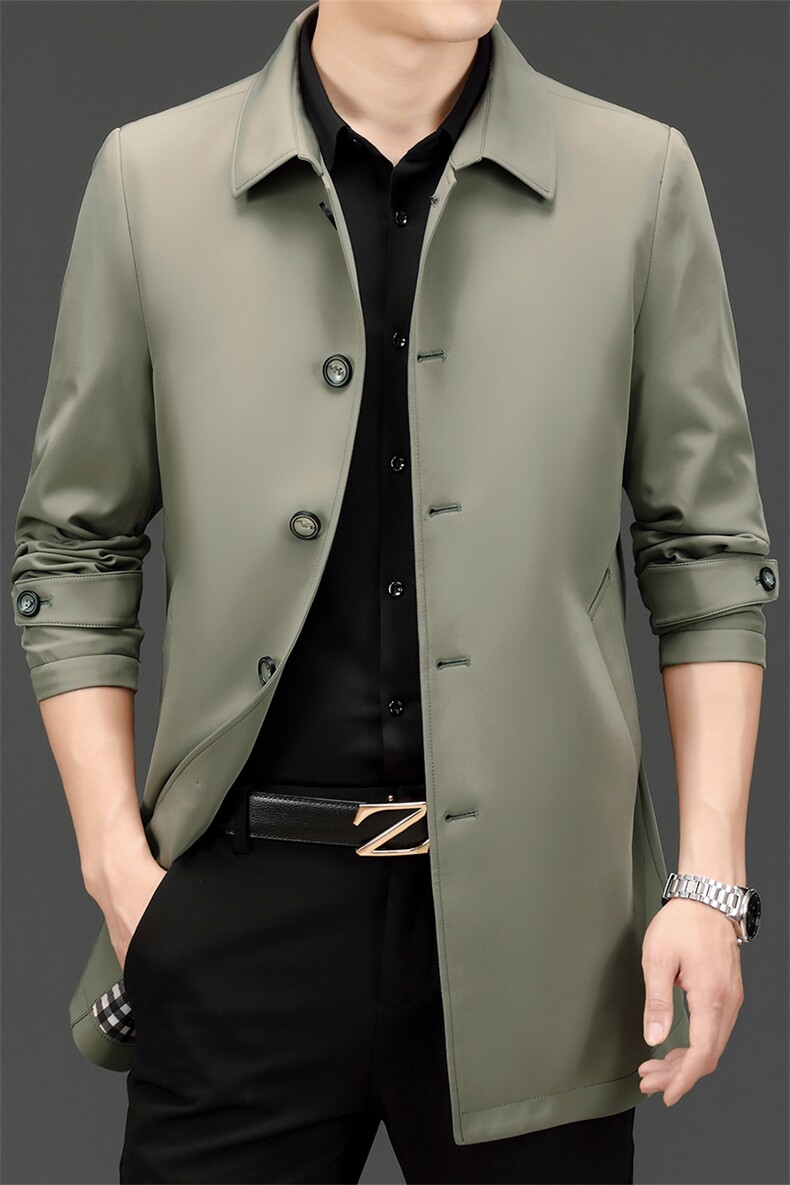 2023秋季中长款纯色潮流风衣中青年男士翻领休闲外套AJY9667-P175，男装风衣，电商B212（原钱塘6029）
