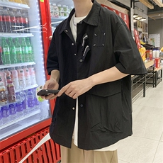 港风复古宽松版工装衬衫短袖夏季薄外套大口袋衬衣CS02231-P45，男装衬衫，星座308B-2