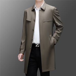 Z5530秋季新款男士中长款腰带翻领风衣商务领导服男装纯色外套图片
