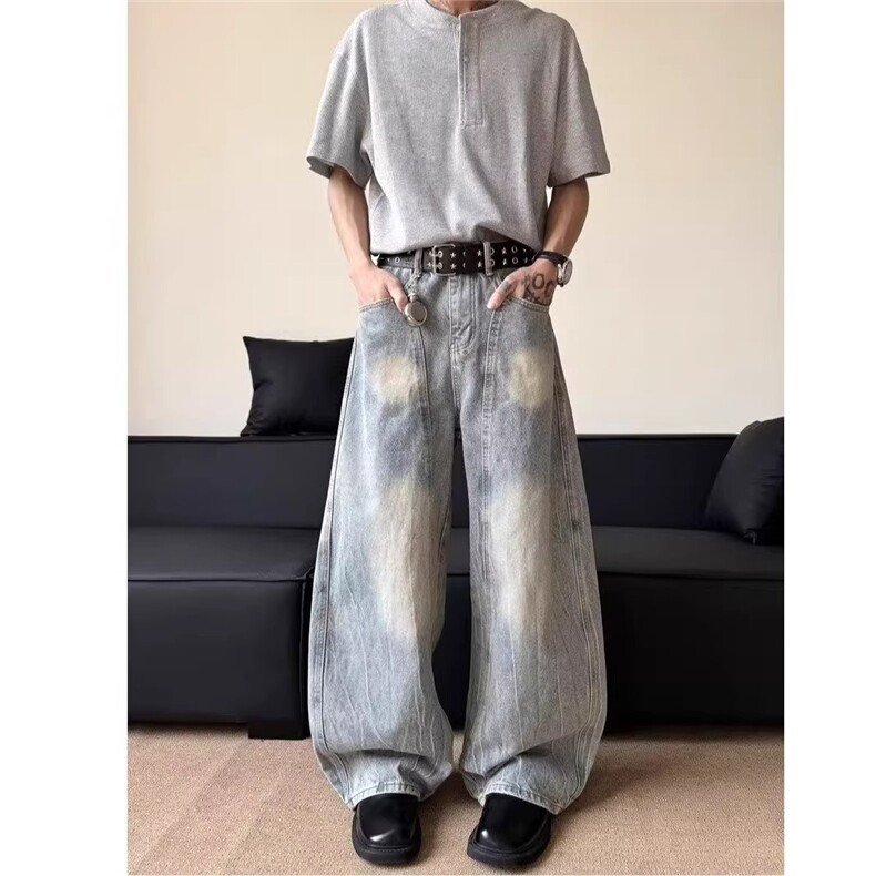 美式复古弯刀水洗牛仔裤男女直筒宽松阔腿裤子潮N9005-P53,男装牛仔裤,星座208-5