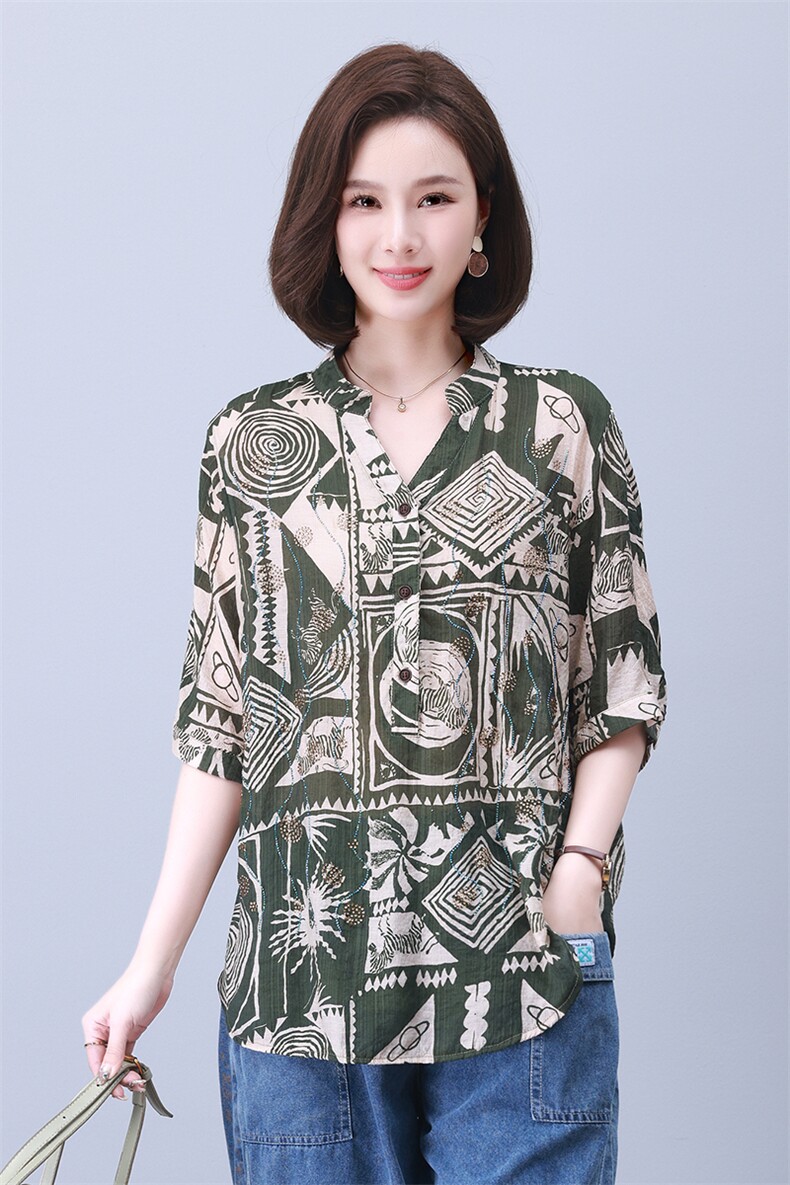 时尚宽松拼接印花镶钻短袖上衣显瘦百搭气质女装衬衫,女装衬衫,叶笙衣