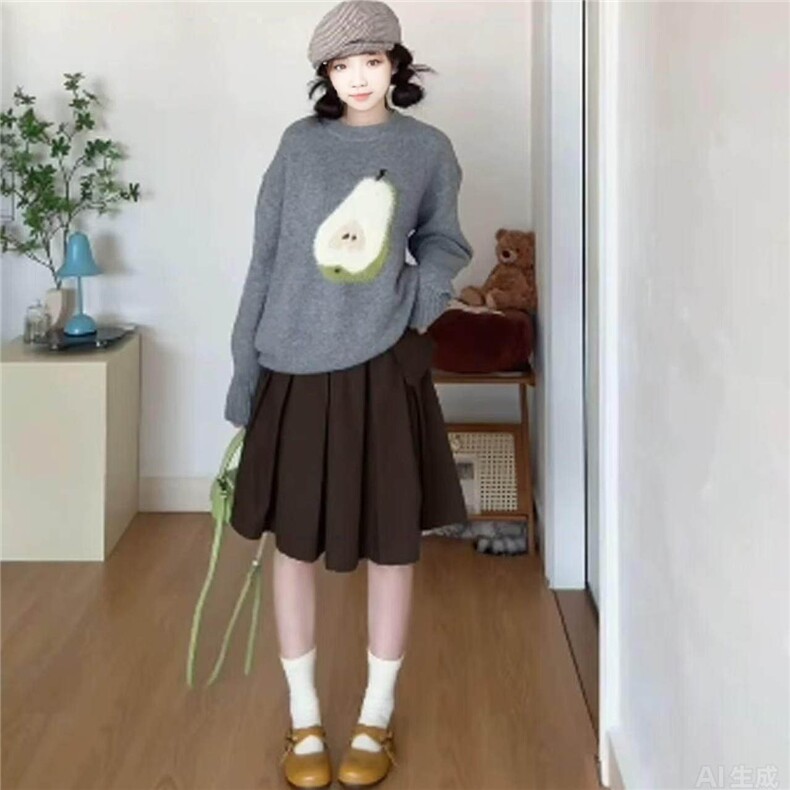 韩系秋冬穿搭卡通提花毛衣女灰色慵懒风外穿高级感圆领针织上衣潮,男装针织衫/毛衣,星座1210-1