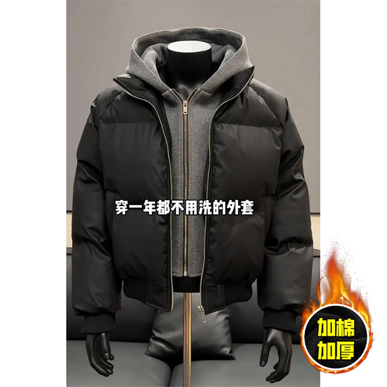 现货高品质重磅工艺美式高街假两件PU皮棉衣男女加厚棉服外套图片