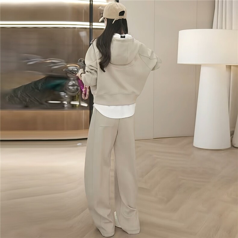 高端时尚套装女秋季新款连帽短款卫衣内搭白色背心阔腿裤三件套潮,女装套装/套裙,江南