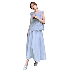 法式灰蓝色蕾丝背心半身裙套装女夏2025新款两件套夏日漂亮巨好看，女装套装/套裙，2C236