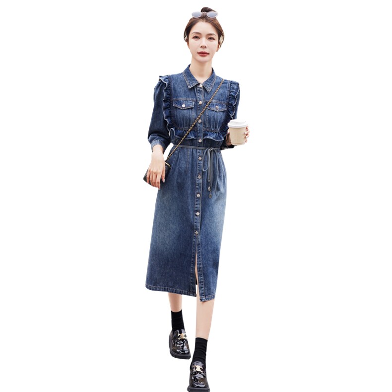 时尚显瘦牛仔连衣裙女长袖修身气质百搭裙子,女装连衣裙,秋水欣儿