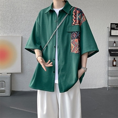 8XL-M民族风拼接短袖衬衫男夏季痞帅半袖衬衣薄款外套DC28009P45，男装衬衫，电商B312