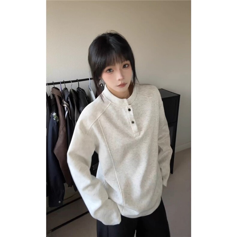 美式解构拼接亨利领卫衣男秋季潮牌复古宽松廓形情侣风内搭打底衫，男装Polo衫，星座1210-1