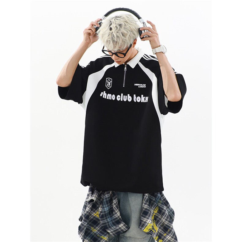 405A高街美式翻领半拉链设计感印花polo短袖T恤T2541-P45控68,男装T恤,星座405A