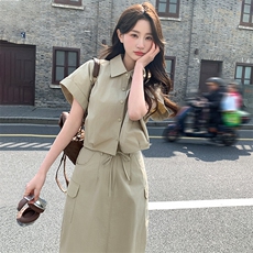 韩系粉色工装套装女夏2024新款冷淡风盐系套装裙两件套御姐炸街，女装套装/套裙，纯色衣恋