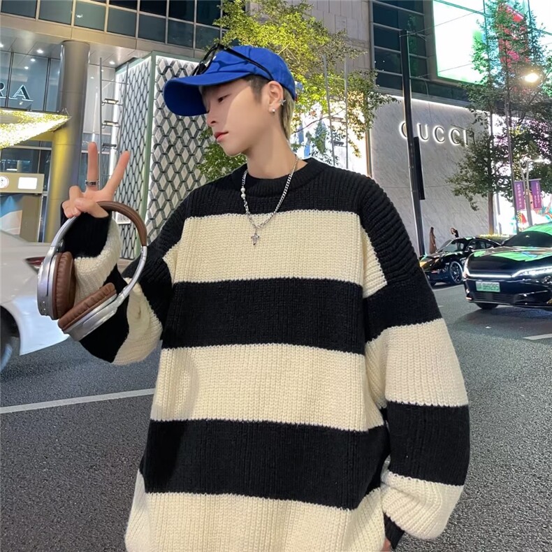 条纹毛衣日系慵懒复古男士针织衫秋冬季新款外套高级感线衣服图片