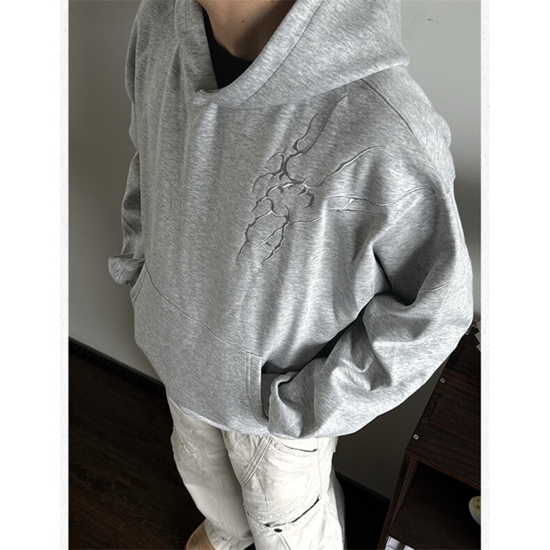 WY816-尺码M-3XL-P39-美式复古闪电刺绣连帽卫衣宽松套头上衣,男装卫衣,星座1811B