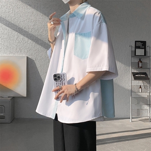 仓库现货 CS1120-特批25 条纹撞色拼接百搭痞帅大码短袖衬衫图片