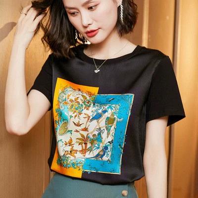 2025新款夏季缎面短袖t恤女印花韩版宽松上衣,女装T恤,鄂维那特