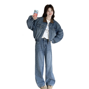 蓝色复古休闲牛仔套装女2025春秋季新款显瘦夹克外套阔腿裤两件套图片