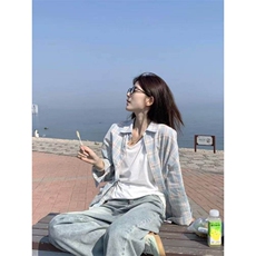 TC794-p45防晒长袖格子衬衫夏季复古宽松时尚中长款衬衣，女装衬衫，星座617A-2