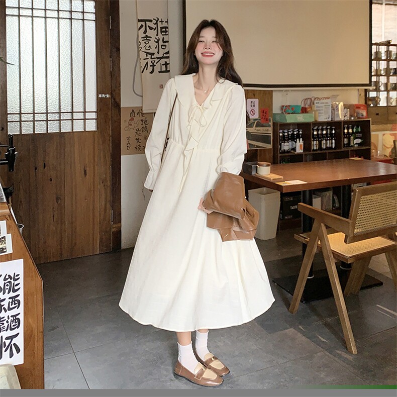 白色甜美荷叶边拼接连衣裙女2025春季新慵懒风时尚气质宽松长裙子,女装连衣裙,C位